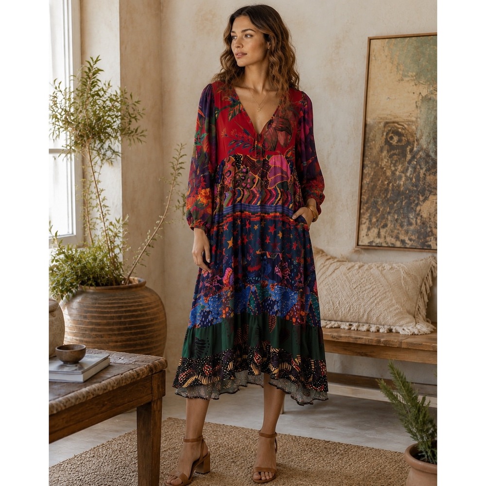 Farm Rio Mixed Print Tiered Tunic Dress Midi Red Multi Beaded Tassel Size M